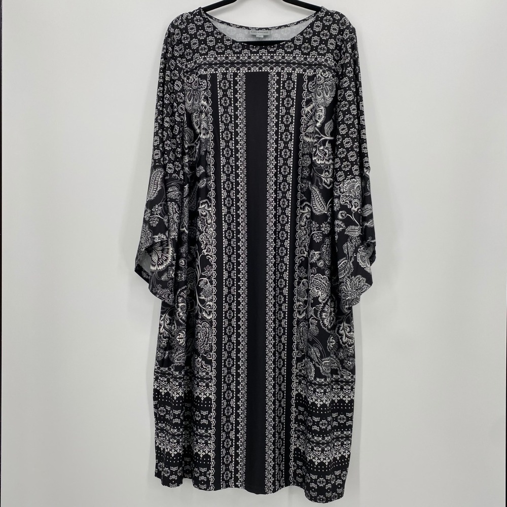 Catherines‎ Shift Dress Womens 1X Black White Paisley Bell Sleeve Boho Retro 70s